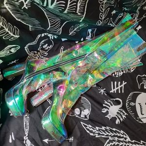 Dolls Kill Knee High Holographic Boots